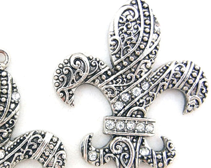 Pair Fleur de Lis Charms Antique Silver-tone Rhinestone Accent