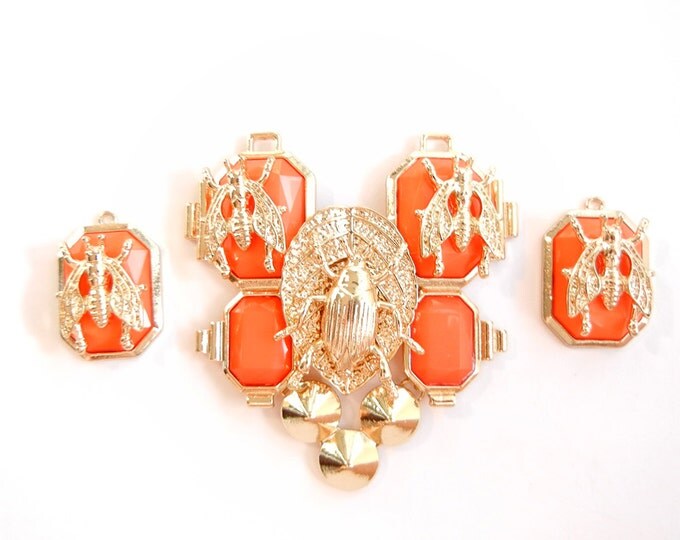 Set of Bug Pendant and Charms Orange Acrylic Gems