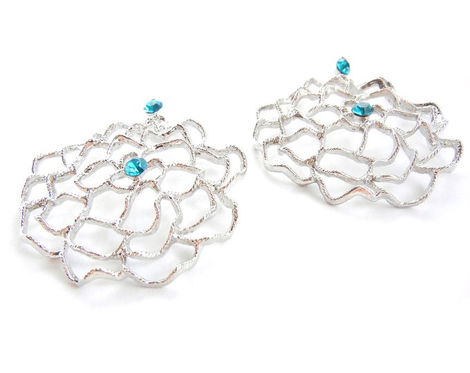 Pair of Large Outline Silver-tone Flower Charms Turquoise Rhinestone Accent