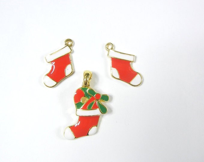 Set of Red Christmas Stocking Pendant and Charms Gold-tone