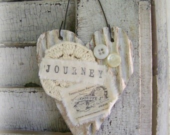 Shabby White Decor Vintage Heart Ornament Journey Mixed Media Cottage Style Heart Wall Hanging Antique Paper Heart Ornament