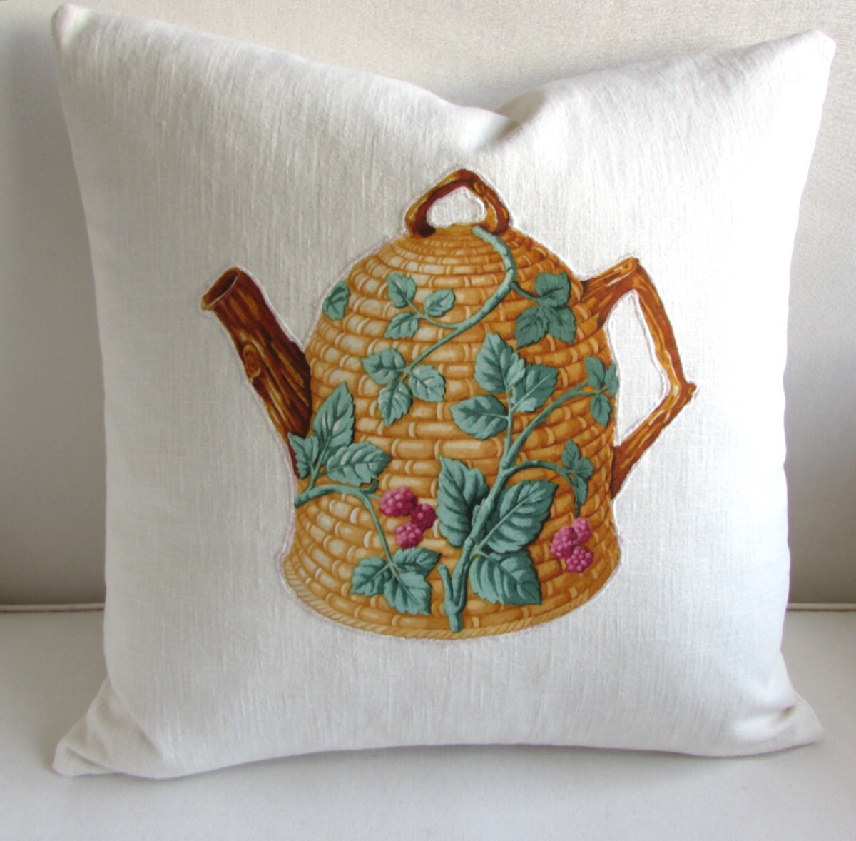 TEAPOT appliqued on off white linen decorative pillow cover