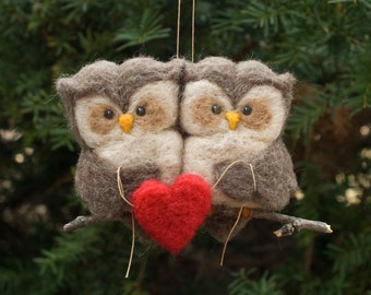 Needle Felted Owl Ornament - Love Birds