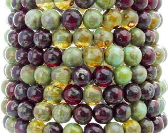 6mm Rainforest Picasso Mix Czech Glass Round Beads - Qty 25 (AW35)