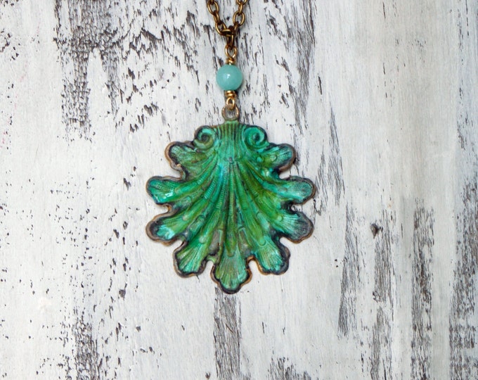 Brass Patina Seashell Necklace Patina Shell Jewelry Seashell Pendant Nautical Necklace Verdigris Patina Shell Ocean Jewelry Beach Necklace