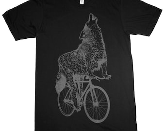 Wolf on a Bicycle - Mens T Shirt, Unisex Tee, Cotton Tee, Handmade graphic tee, Bicycle shirt, Bike Tee, sizes xs-xxl