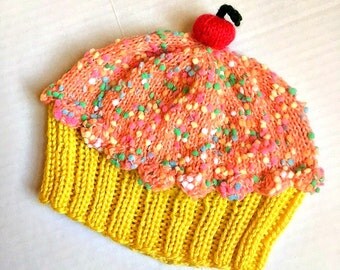 Cupcake Hat Cherry on Top Lemon Yellow Cake Orange Creamsicle Frosting Sprinkles hand knit baby toddler children adult 3 6 9 12 18 months