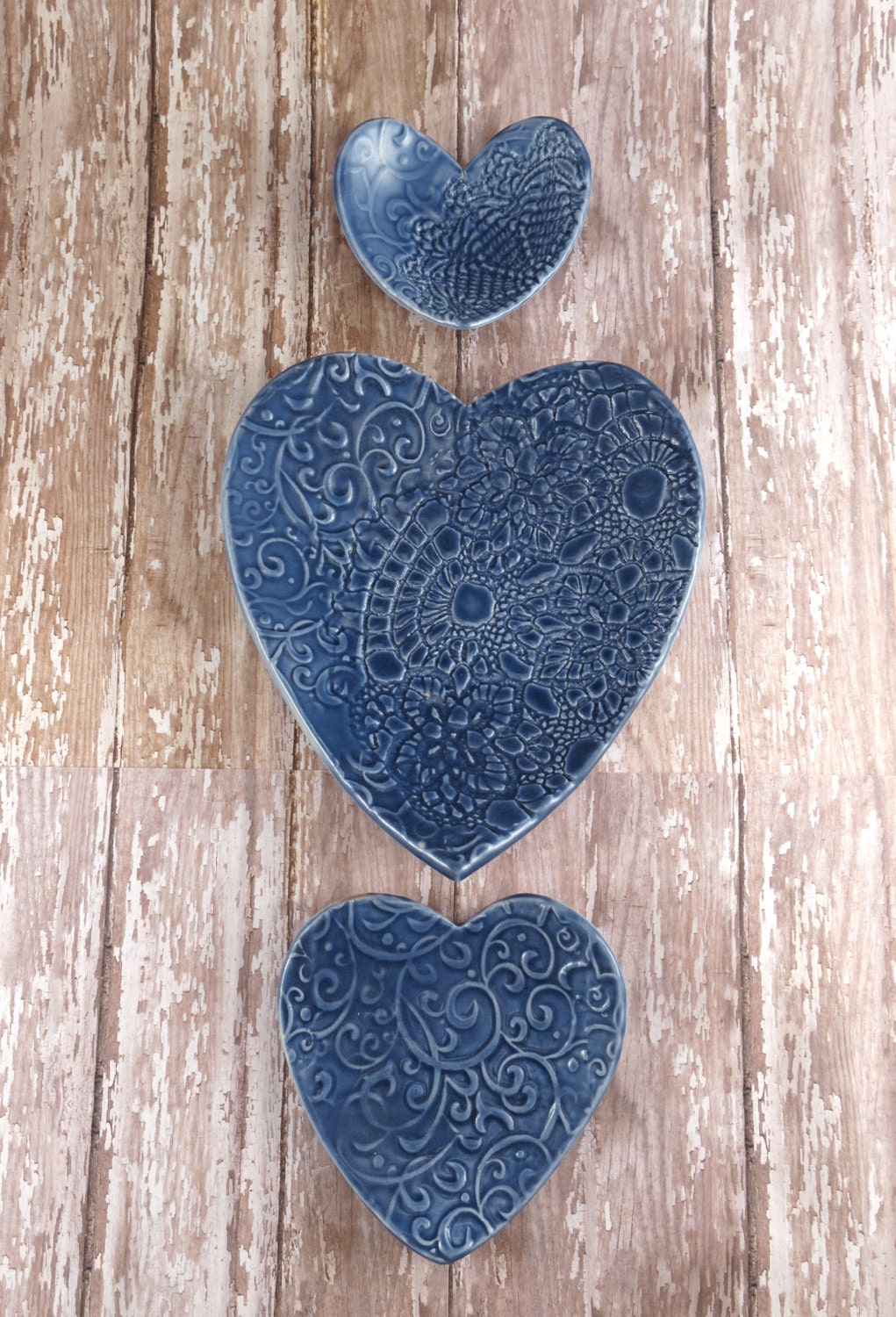 Pottery Heart Dishes Set of 3 Blue Ceramic Heart Plate Set