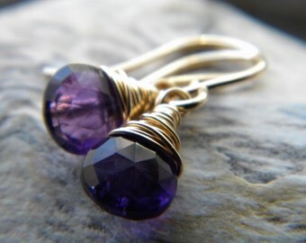 Purple amethyst handmade earrings - February birthstone - gold filled gemstone wire wrapped jewelry