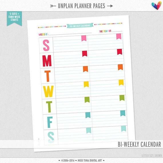 UNplan Bi Weekly Planner Page Printables PDF 5 Sizes