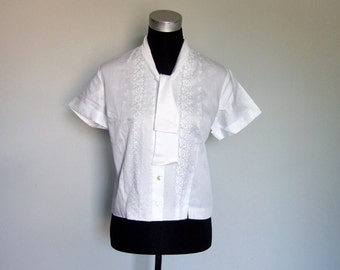 60s White Blouse Simple Embroidered Lace Short Sleeve Shirt Vintage 1960s Button Up Bow Tie Neck Office Top - Large to Extra Large L XL