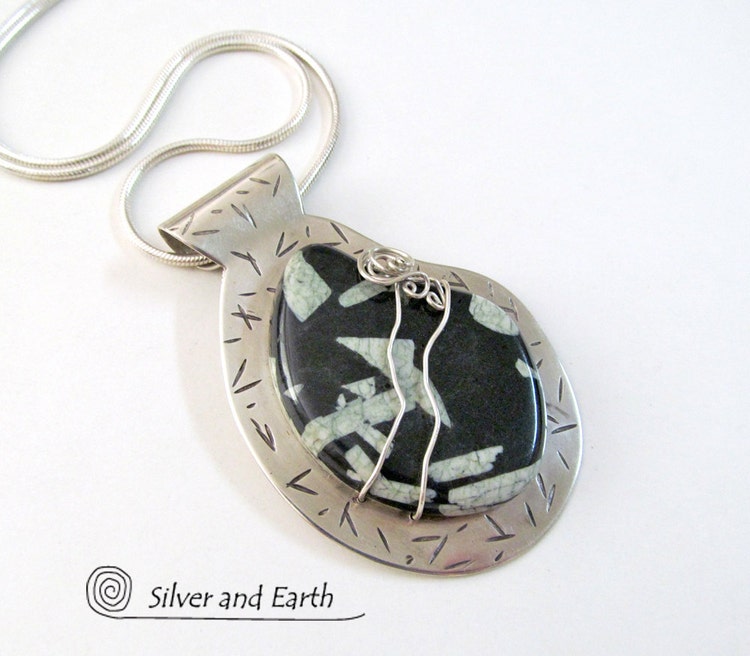 Chinese Writing Stone Necklace Handmade Sterling by SilverandEarth