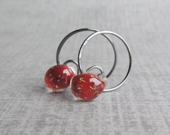 Brick Red Sparkle Hoop Earrings, Brick Red Earrings, Red Hoops, Red Lampwork Earrings, Oxidized Sterling Silver Hoops, Red Handmade Earrings