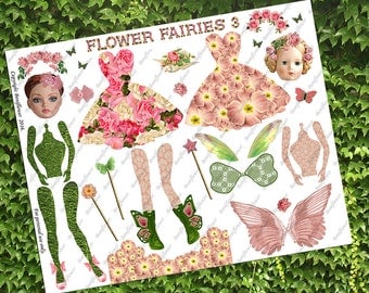 Handmade Digital Art Paper Doll Collage Sheet Flower Fairy Fairies JPEG PNG Printable Altered Art Journal Scrapbooking Cards Prints Paper