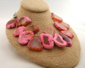 Natural Agate Slice Necklace, Chunky Agate Necklace, Pink Agate Necklace, Natural Stone, Statement Necklace