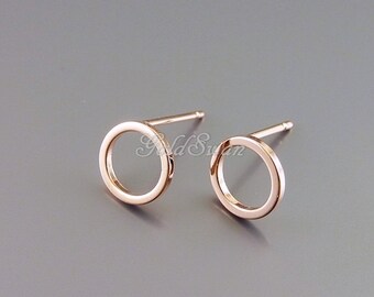 4 shiny rose gold plated over brass 8mm geometric circle stud earrings, rose gold circle post earrings 1071-BRG-8