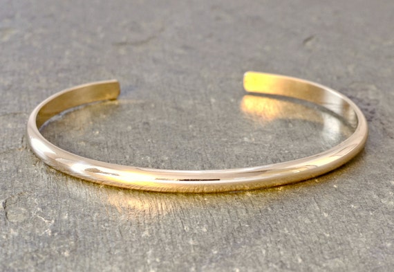 Dainty Solid 14k Gold Cuff Bracelet Half Round with Mirror