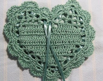 Light Blue Green 4"X4"Heart Sachet-'Vintage Amber' Fragrance-Blue Green Heart Sachet-Hand Crocheted-Cotton and Satin-Cindy's Loft-504