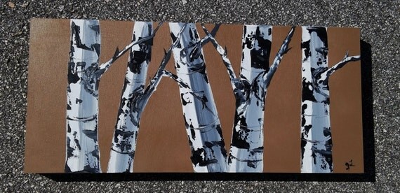 BIRCH TREE Painting- Original Acrylic Landscape Painting, Birch Tree Art, 10" x 22" Modern Art, Chocolate Birches Original Painting