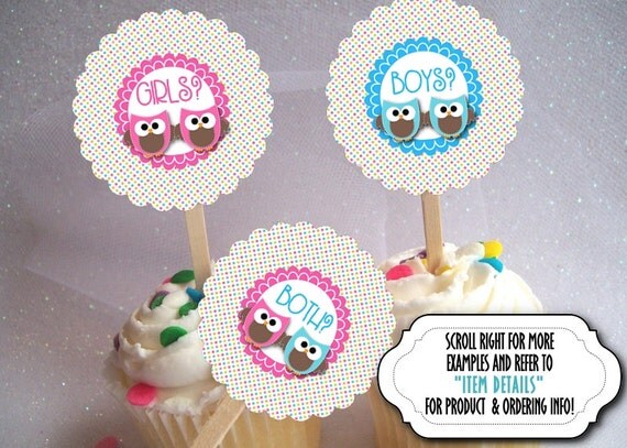 12 Cupcake Picks, Cupcake Topper Decorations, For TWINS, Baby Gender Reveal Party, Baby Shower, Twin Baby Pink & Blue Owls Il_570xn