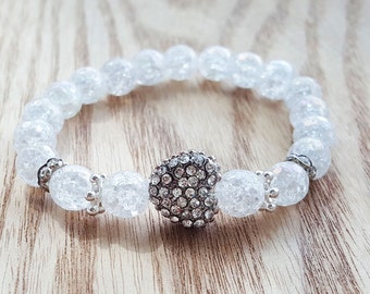 Quartz stretch bracelet with heart shaped pave bead, crystal heart bracelet, swarovski crystal rondelles bracelet