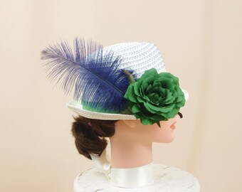 Green Blue and White Fedora Hat, Straw Fedora, Womens Fedora, Summer Fedora, Summer Hat, Sun Hat, Panama Hat, Green Floral Hat