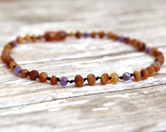 Baltic Amber Teething Necklace, unpolished amber, amethyst gemstone jewelry, natural pain relief, teething baby, adult necklace