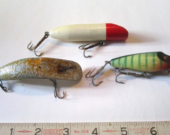 Three old vintage wooden fishing lures- three different makers!