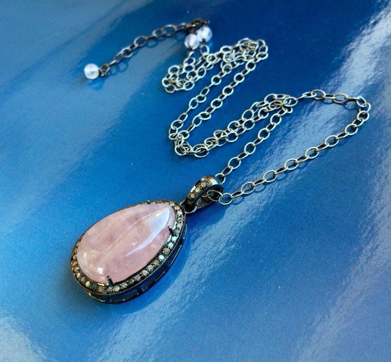 Diamond Morganite stone necklace. Tarnished Sterling silver.