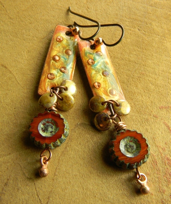 Boho Tribal Jewelry Artisan Earrings Copper Resin Orange Rust