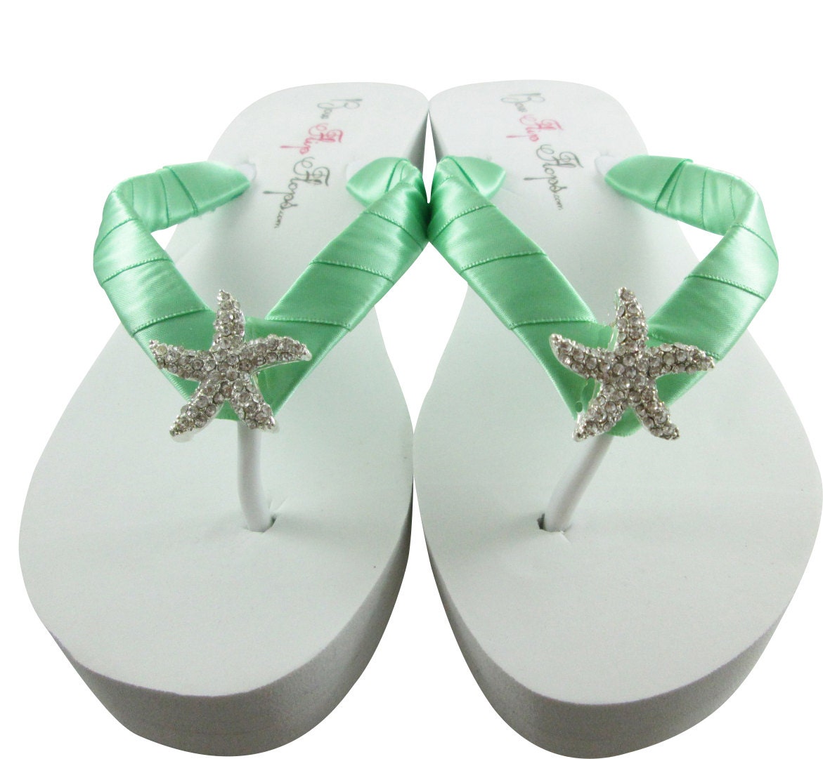Bridal mint bling flip flop wedges/ Starfish by BridalFlipFlops