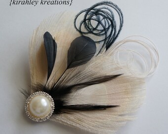 Champagne Ivory Black Peacock Feather Pearl Rhinestone Hair Clip Bridesmaid Bride MARLA Wedding Prom Fascinator Great Gatsby Headpiece
