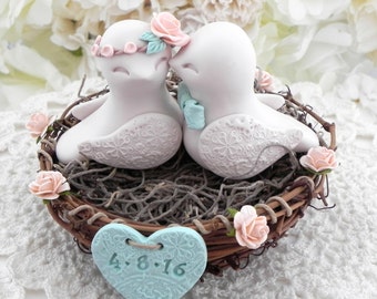 Rustic Love Bird Wedding Cake Topper - Peach, Beige and Mint Green, Love Birds in Nest - Personalized Heart