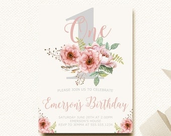 Floral Birthday Invitation Boho Flower Girls First Birthday Invite Rustic Birthday Watercolor Invitation Natural