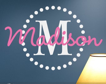 Girls Monogram Vinyl Wall Decals, Name & Initial with Circle of Dots for Your Bedroom Decor, Shown: Madison (0171b211v-r1)