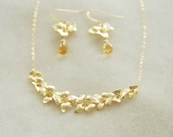 Gold Dogwood Jewelry Set- Dogwood Flower Necklace, Dogwood Earrings, Citrine Earrings, Gemstone Earrings, November Birthstone, Gift for her