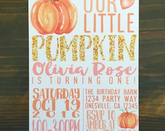 printable pumpkin first birthday invitation, custom pumpkin birthday invite, pink and orange watercolor pumpkin invite, watercolor pumpkin