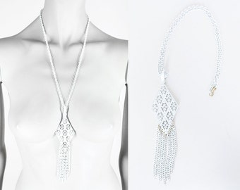Vintage 70s Necklace / 1970s White Enamel Geometric Long Tassel Necklace