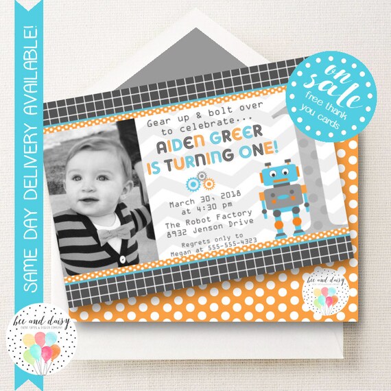 Robot Birthday Invitation, Robot Invitation, Robot Party, Boy First Birthday, Boy Birthday, Robot Invite, Printable Robot Invitaiton Il_570xn