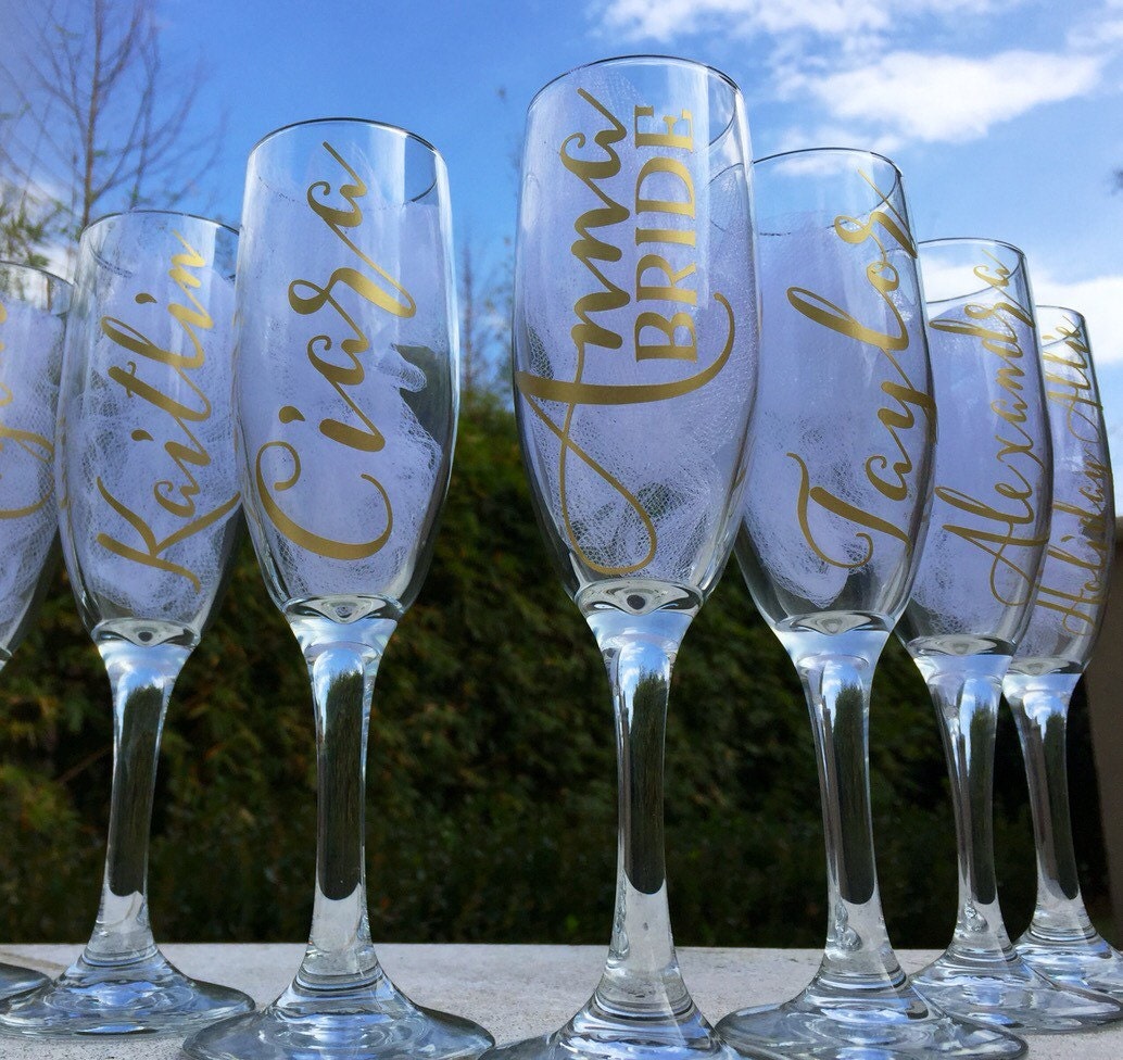 Set of 7 Personalized champagne glasses gold champagne