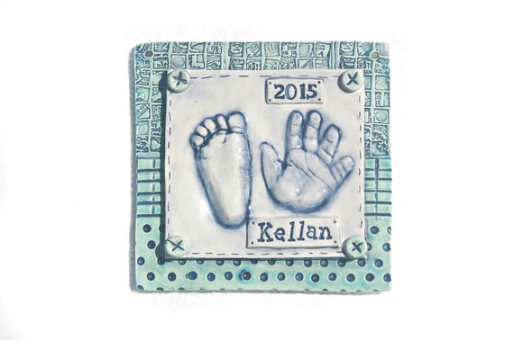 Personalized Ceramic Art with your Child's Hand Print and Foot Print,  Gift Idea for Mom and Dad - Baby Print Plaque