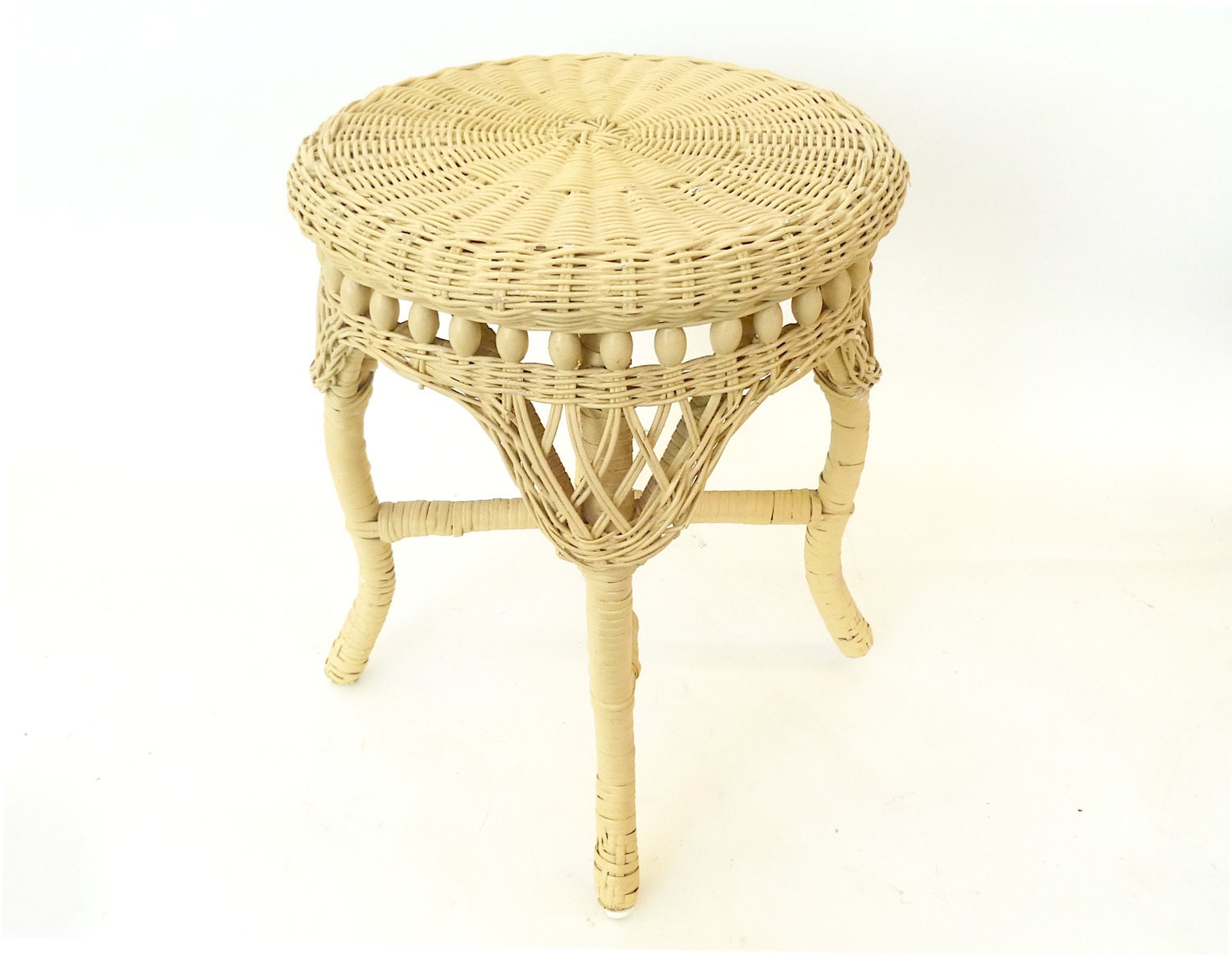 Vintage Round Yellow Wicker Stool ... Painted Rattan Vanity