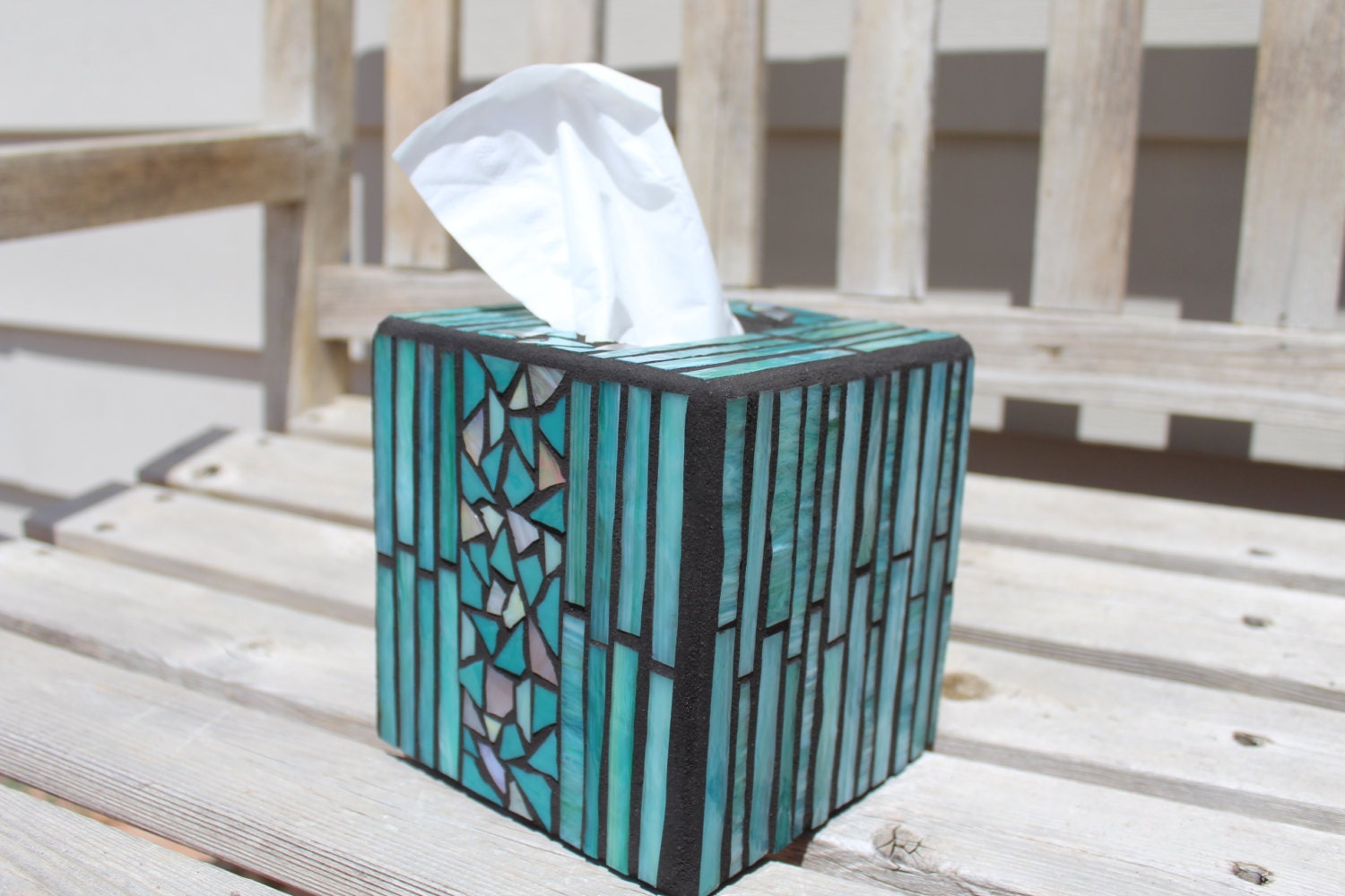 Teal green mosaic tissue box cover with mosaic chip band