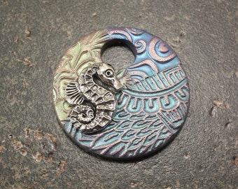 Seahorse Pendant Green Blue Turquoise Mixed Media Pendant Seahorse Art Bead
