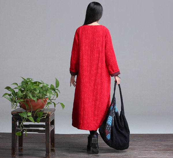 Loose Fitting Long cotton padded Maxi Dress Women quilting