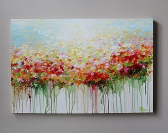 ORIGINAL flower painting, abstract flower painting ,red,orangegreen ,room decoration,ORIGINALpainting,Contemporary Neutral