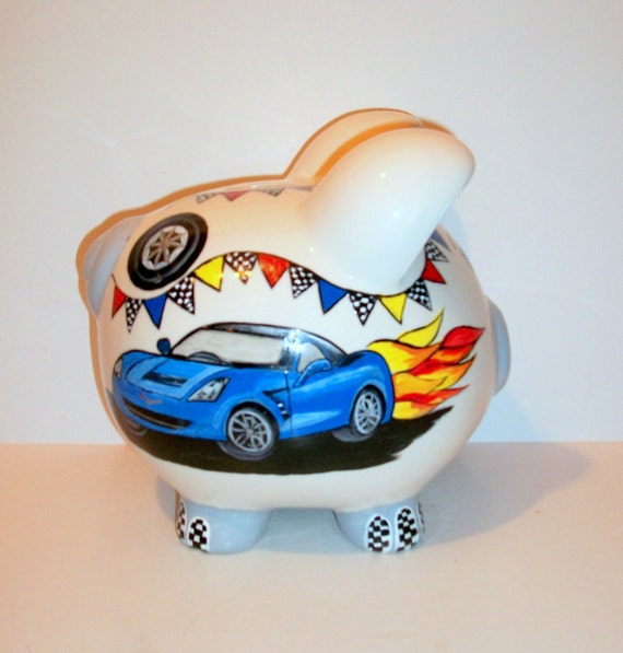 Race Car Sports Car Piggy Bank Jumbo Hand Painted Large