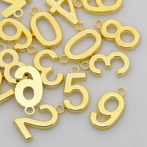 Number Charms Pendants Shiny Gold 10 pieces Numbers 18mm
