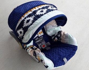 Navy Aztec Tribal Infant Car Seat Cover, Baby Car Seat Cover, Car Seat slipcover - free reversible strap covers
