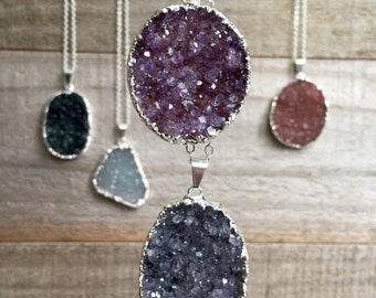 Large Druzy Necklace Drusy Quartz Sterling Silver 32" Chain